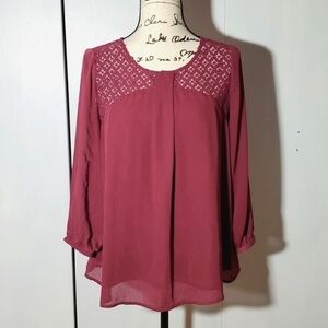 Skies Are Blue- Womens Dark Pink Sheer sleeves Fully lined Cut out Top Sz.Medium